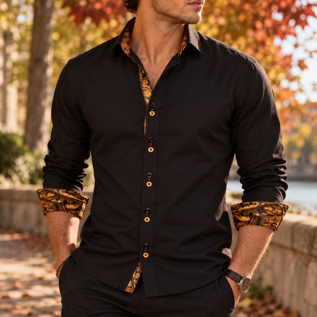 Chemise homme noire avec poignets à imprimé orange et boutons contrastés