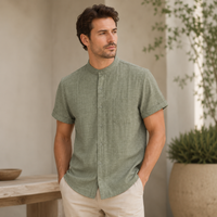 Chemise Homme Col Mao Manches Courtes en Coton Poche Poitrine Coupe Décontractée Été | Zack
