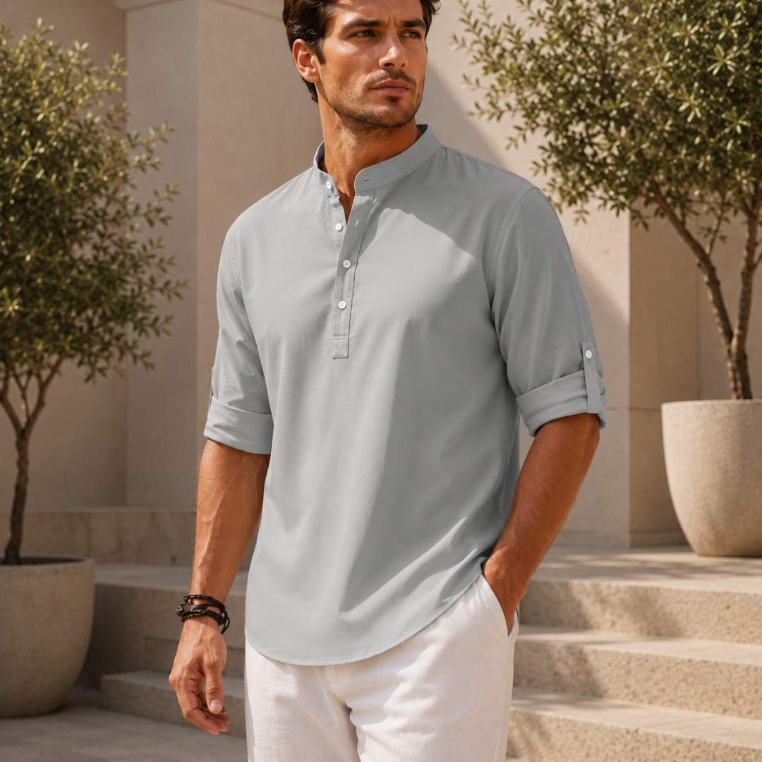 Chemise grise pour homme, coupe décontractée, manches longues retroussables