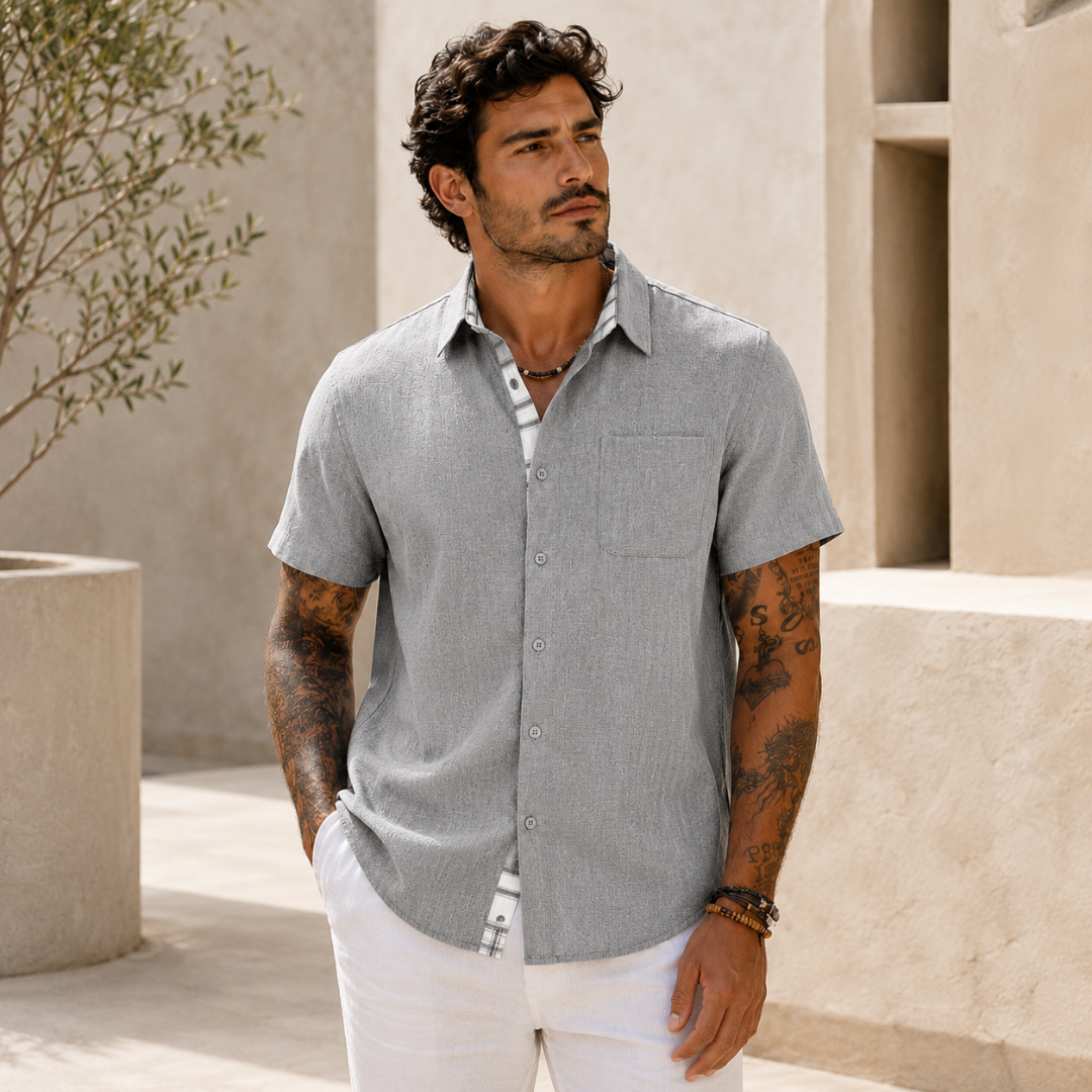 Chemise homme lin gris clair, style estival, col classique