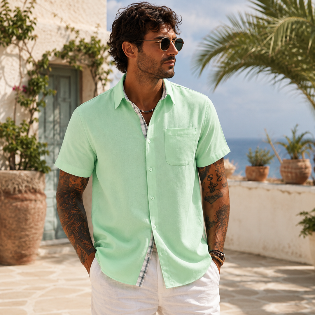 Chemise homme lin vert clair, coupe décontractée, vue de face