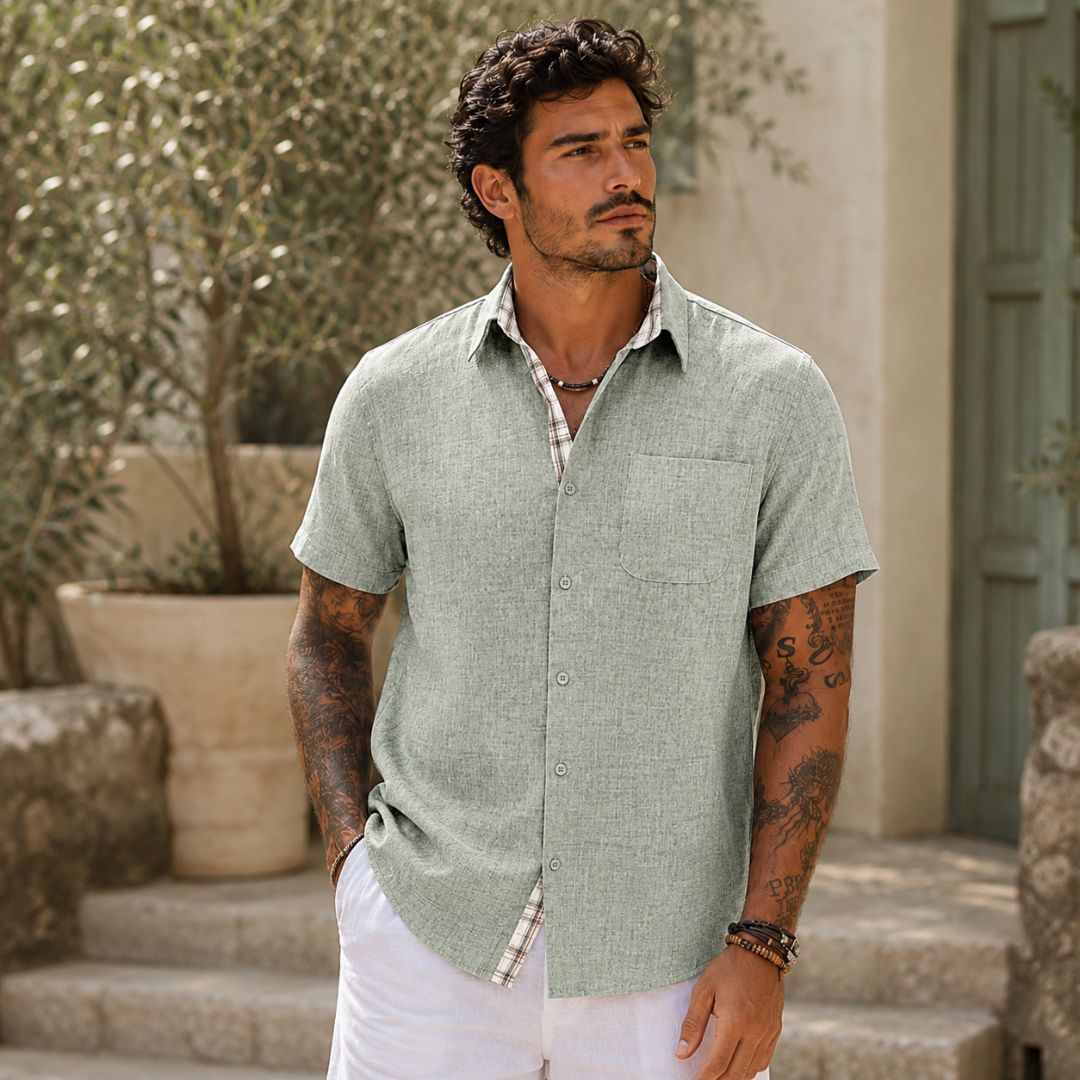 Chemise homme lin vert matcha, coupe droite, vue de face