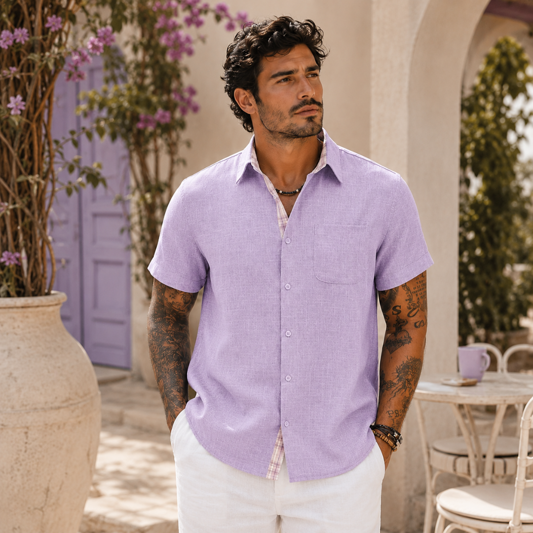 Chemise homme en lin violet clair, col classique boutonné, vue de face