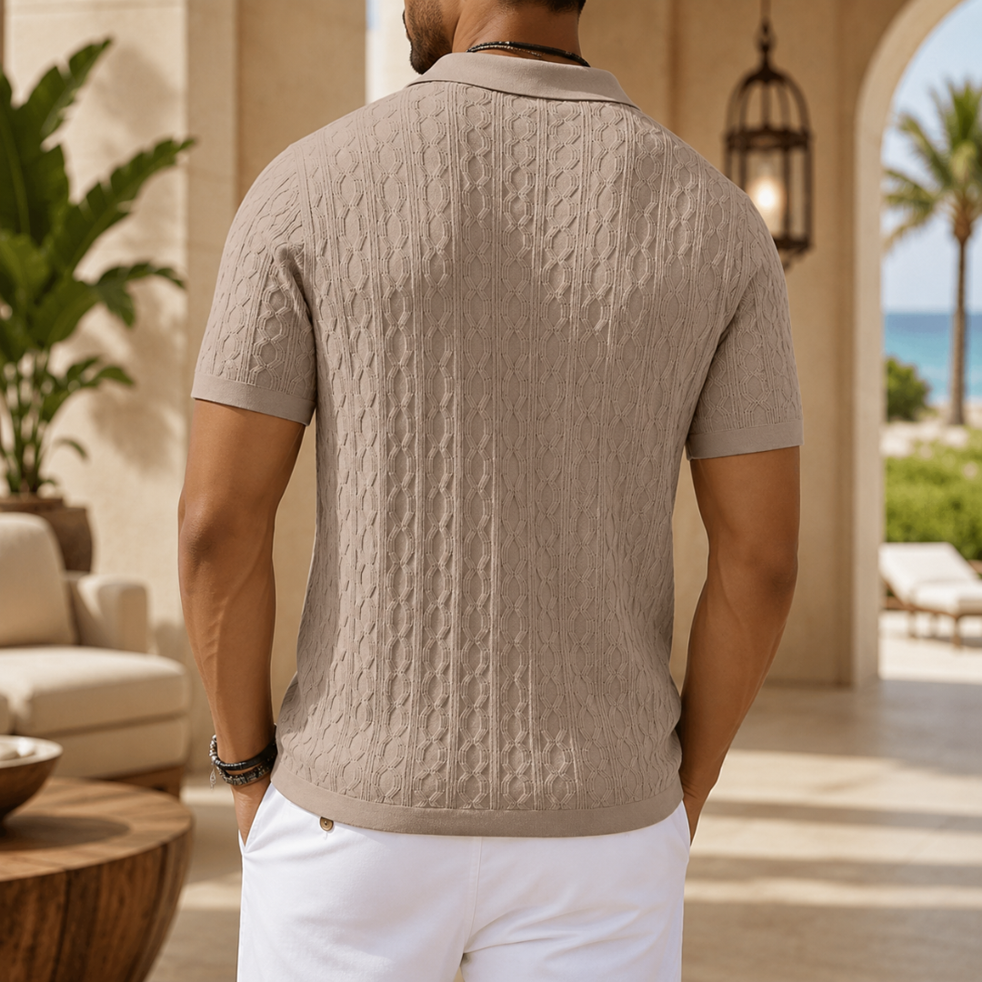 Chemise kaki en maille torsadée vue de profil, manches courtes