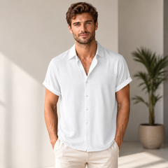 Chemise homme col classique blanche, tissu fluide manches courtes