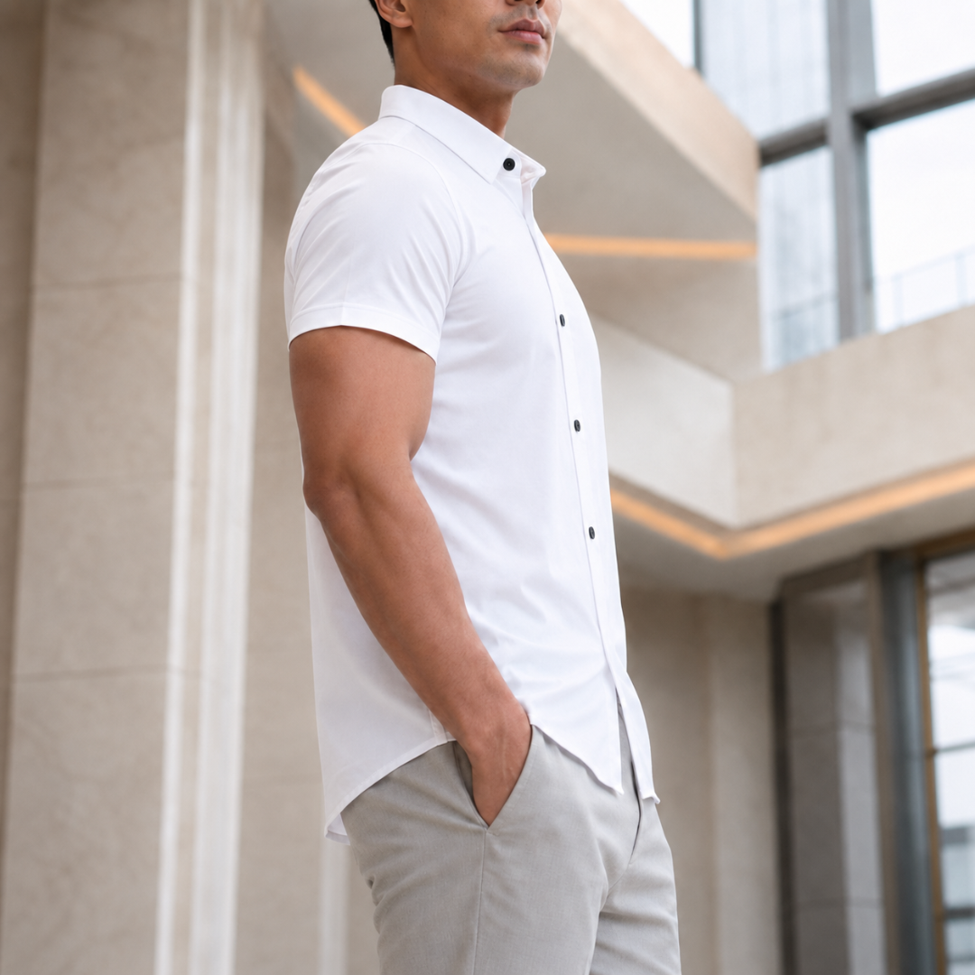 Chemise homme blanche manches courtes vue de profil coupe ajustée