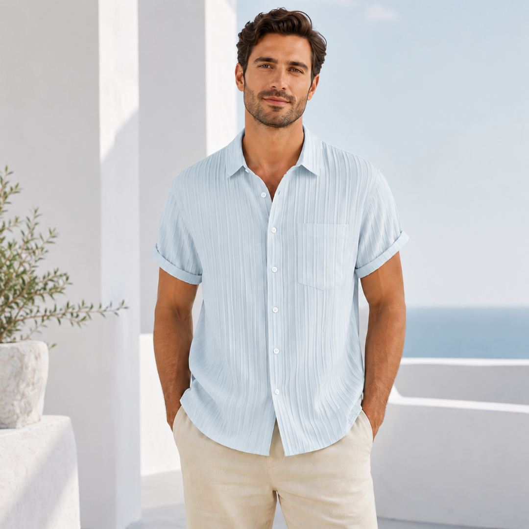 Chemise homme manches courtes texturée bleu clair, vue de face