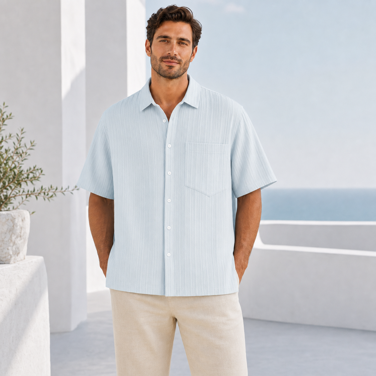 Chemise homme manches courtes texturée bleu clair, vue de face