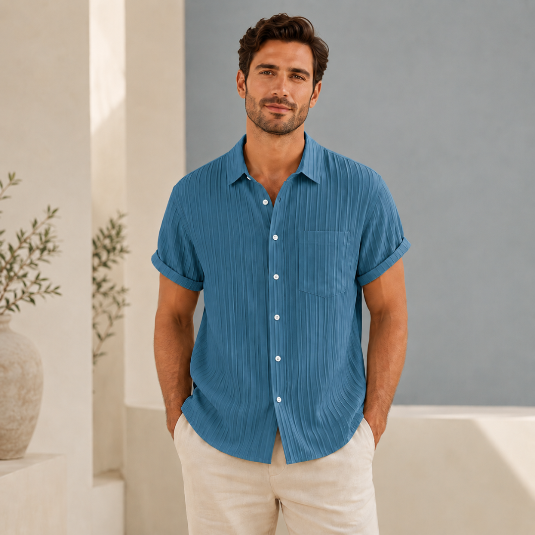 Chemise homme manches courtes texturée bleu, vue de face