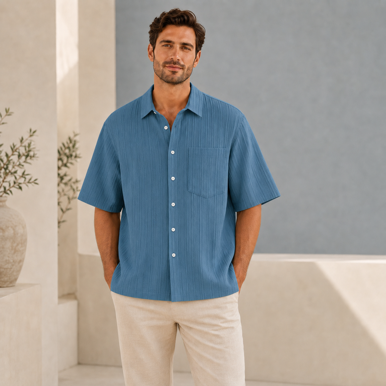 Chemise homme manches courtes texturée bleu, vue de face