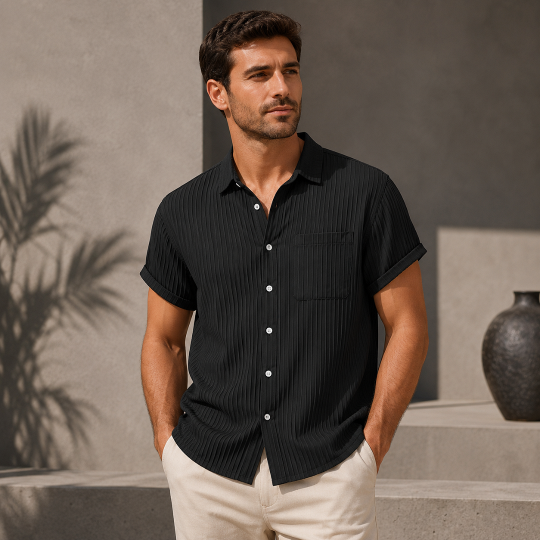 Chemise homme manches courtes texturée noir, vue de face