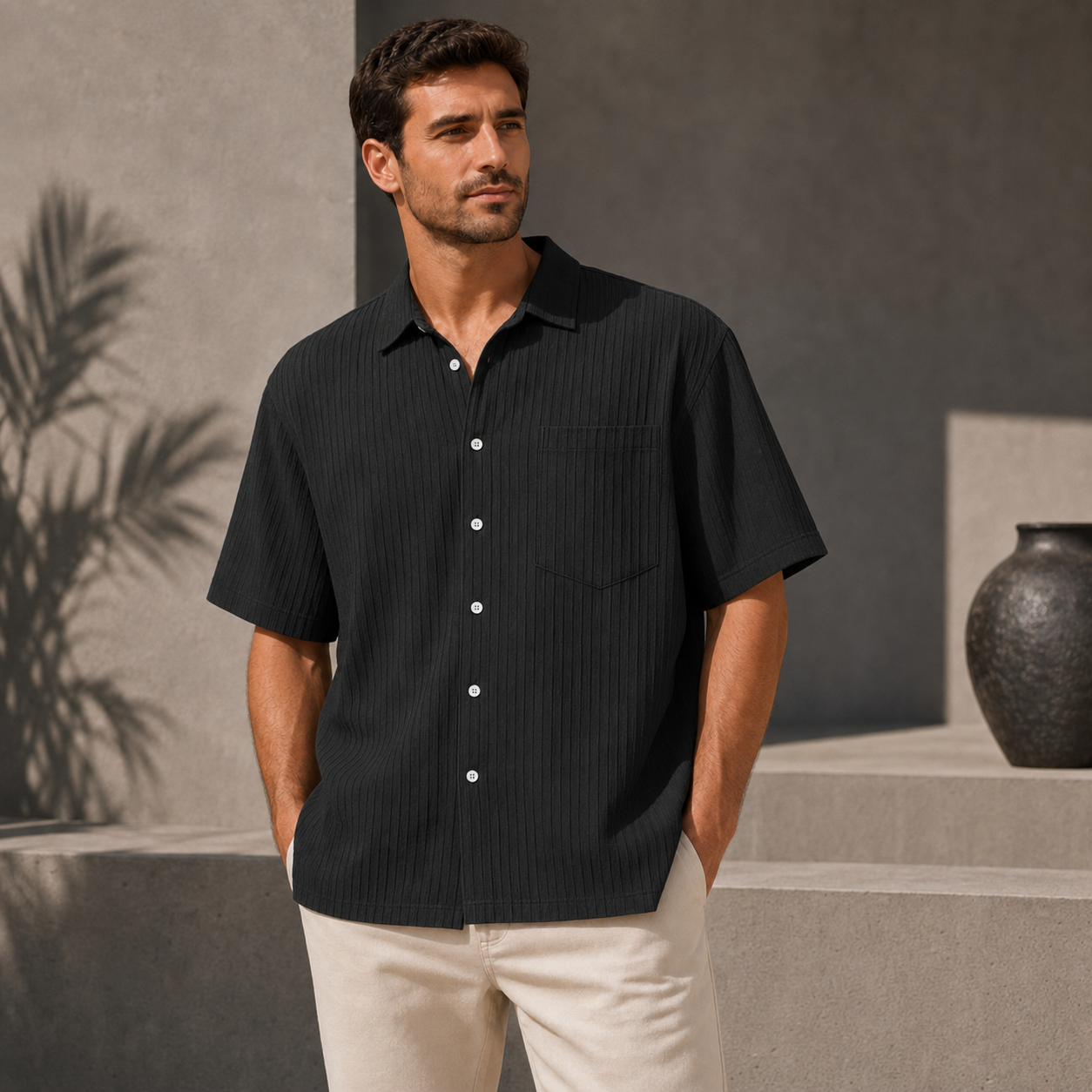 Chemise homme manches courtes texturée noir, vue de face