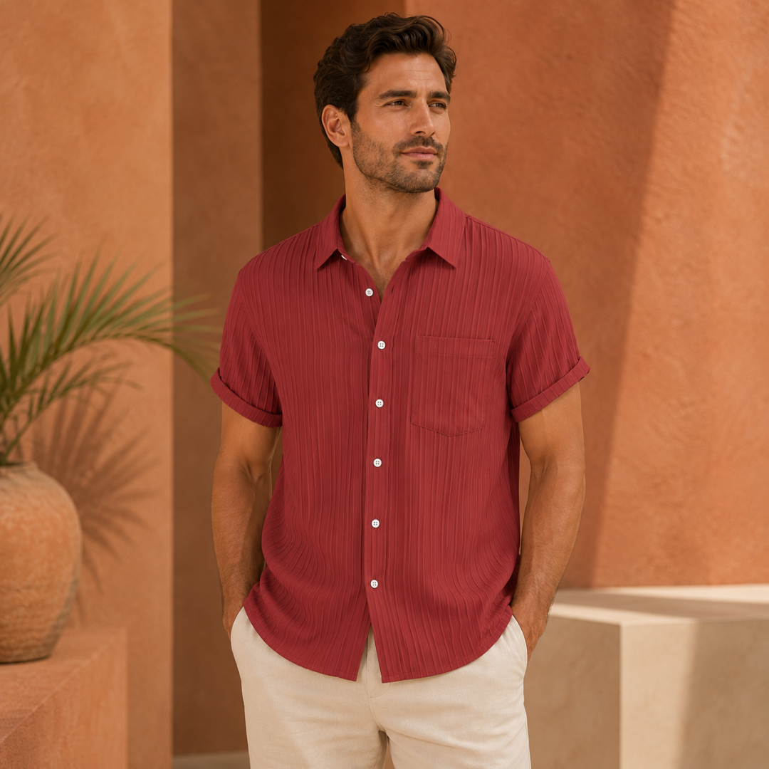 Chemise homme manches courtes texturée rouge, vue de face