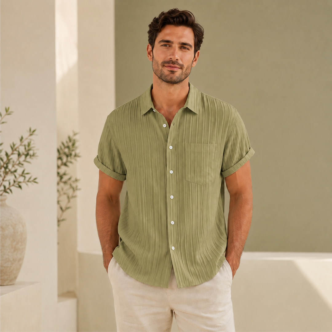 Chemise homme manches courtes texturée vert armée, vue de face