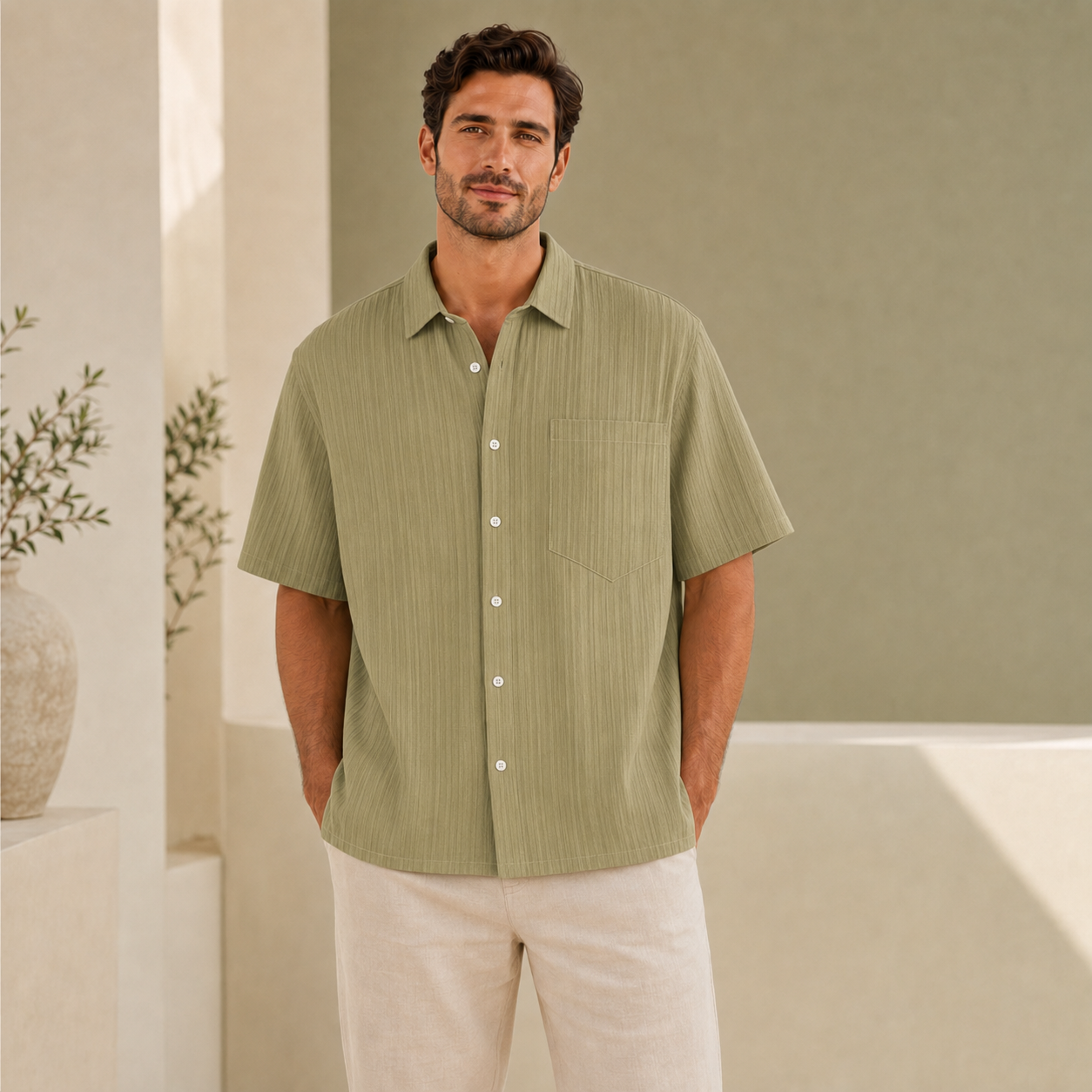 Chemise homme manches courtes texturée vert armée, vue de face