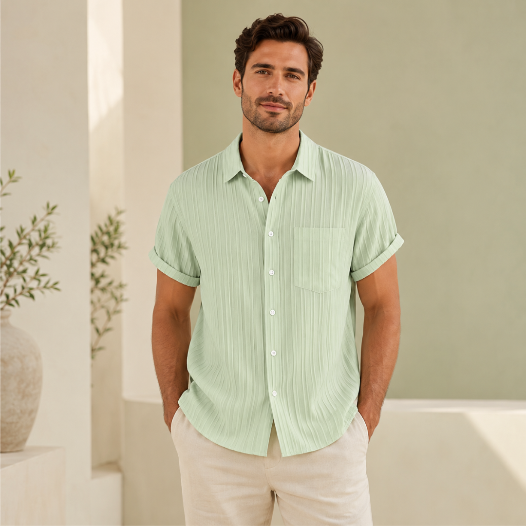 Chemise homme manches courtes texturée vert clair, vue de face