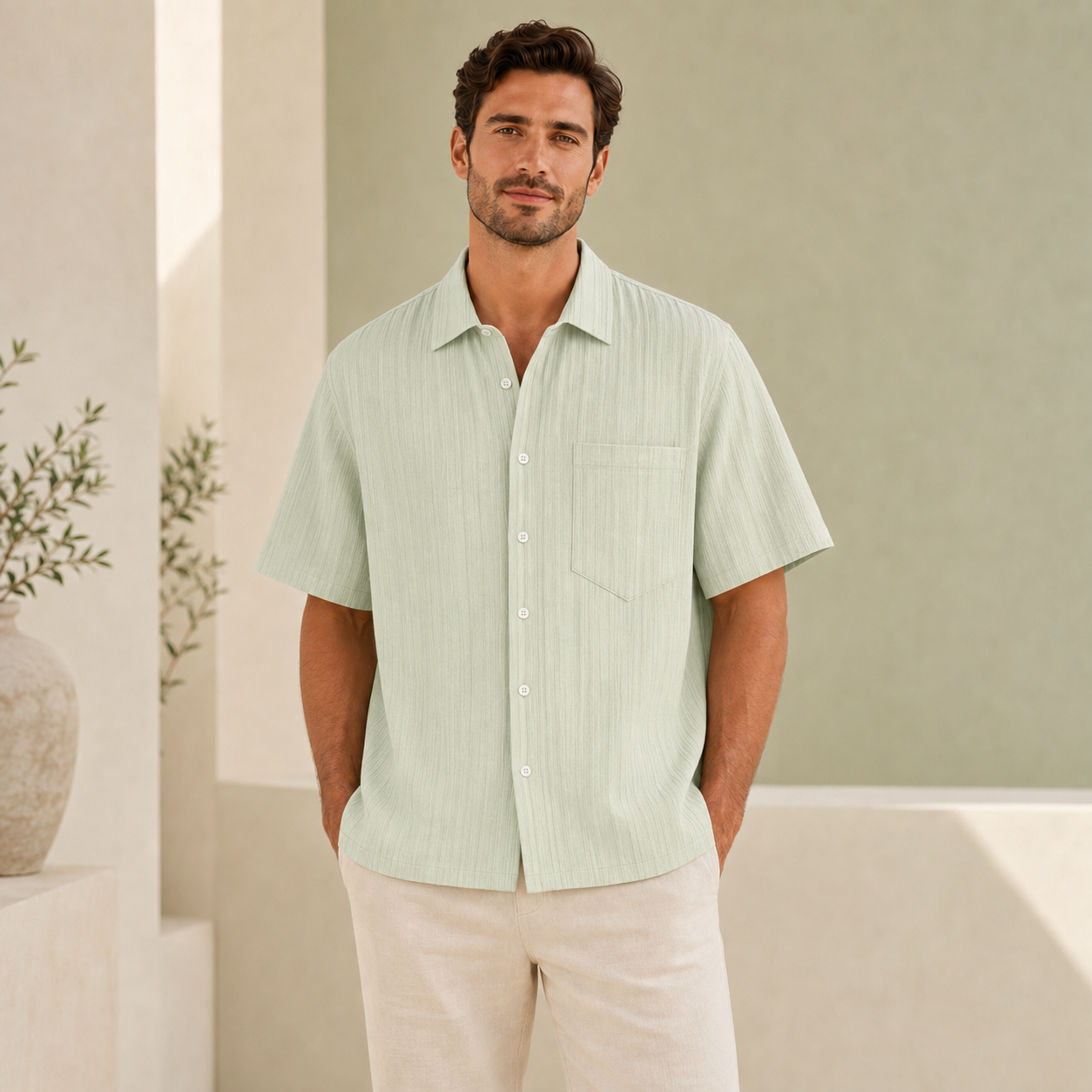 Chemise homme manches courtes texturée vert clair, vue de face