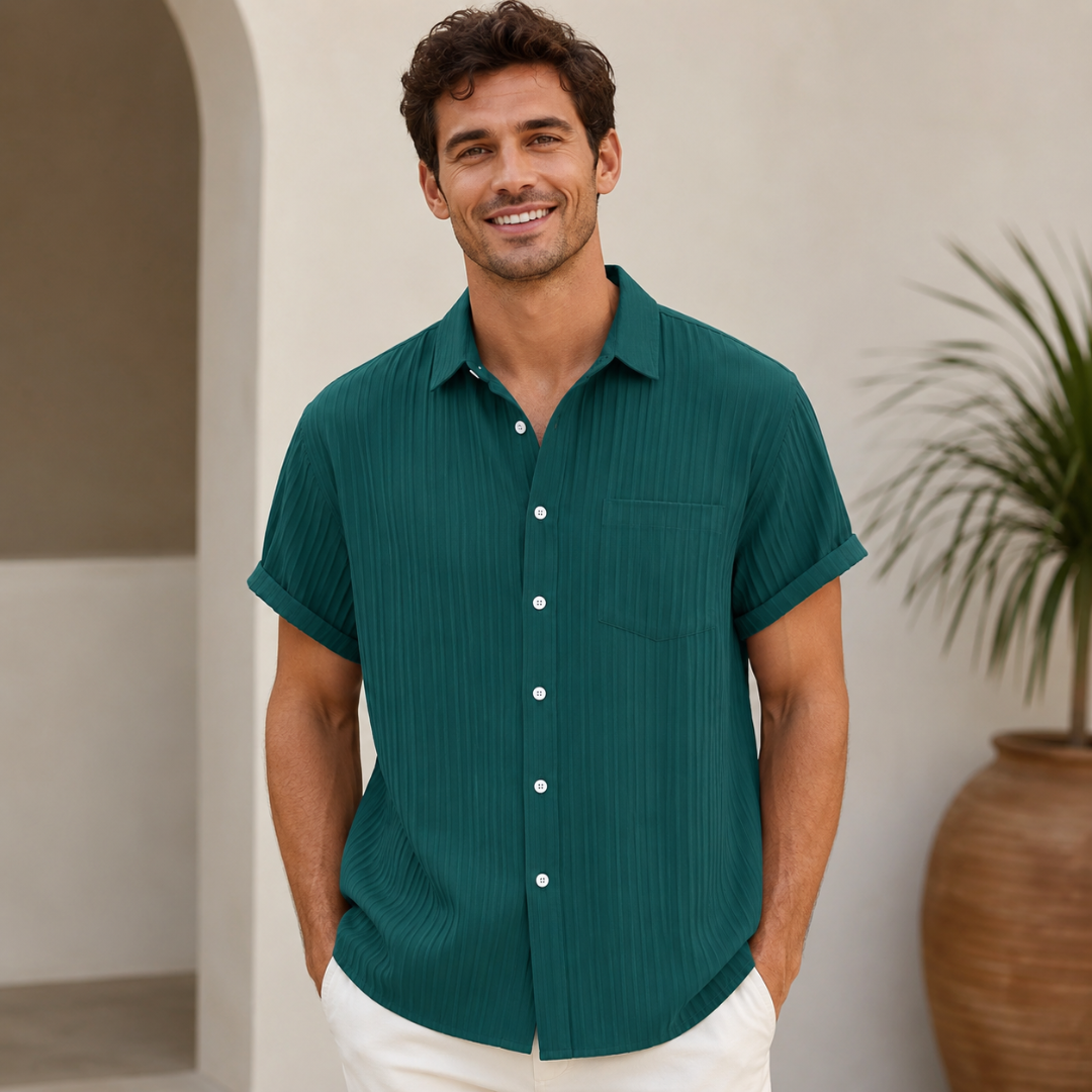 Chemise homme manches courtes texturée vert foncé, vue de face