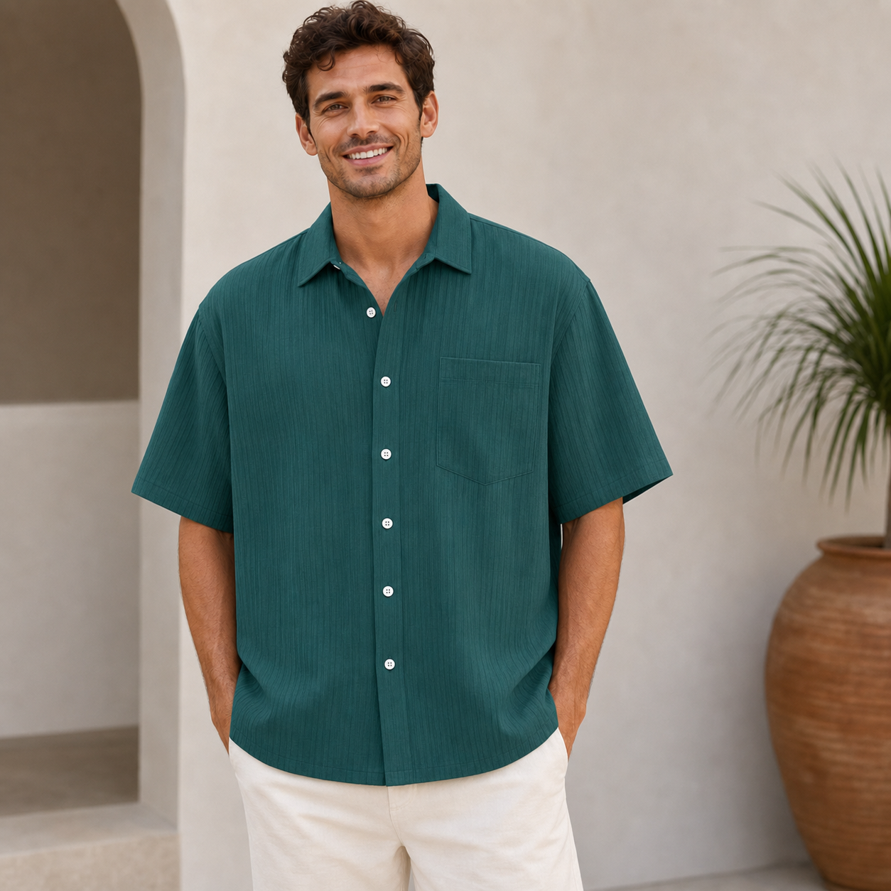 Chemise homme manches courtes texturée vert foncé, vue de face