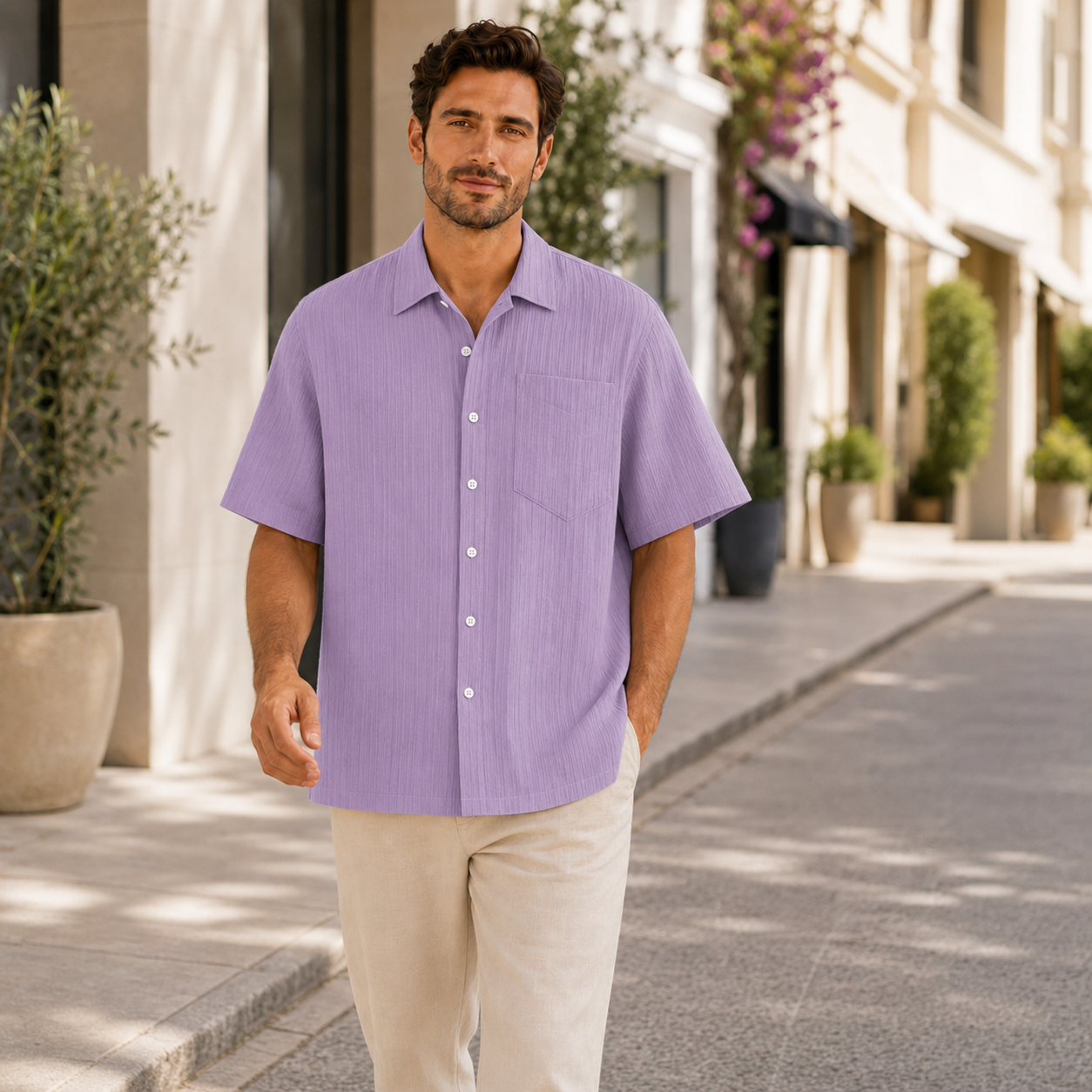 Chemise homme violet en extérieur, vue de face en pied