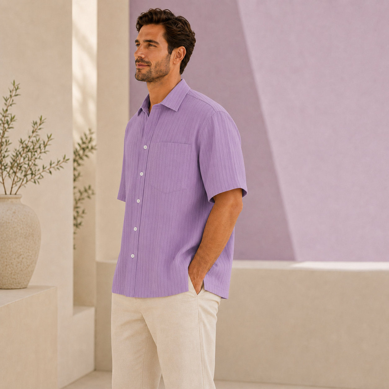Chemise homme violet portée avec un pantalon beige, vue de face
