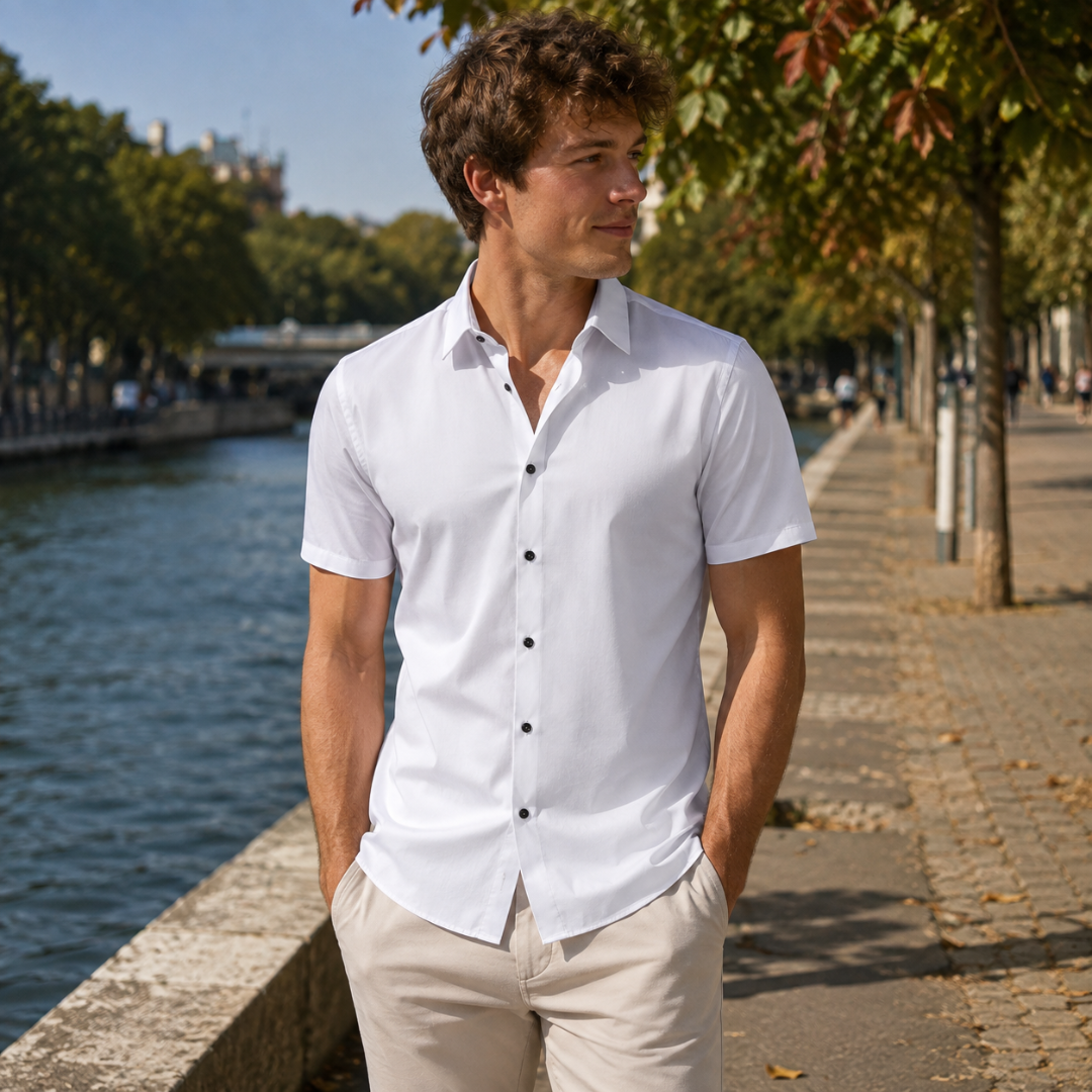 Chemise homme blanche à manches courtes et boutons foncés portée au bord de l'eau