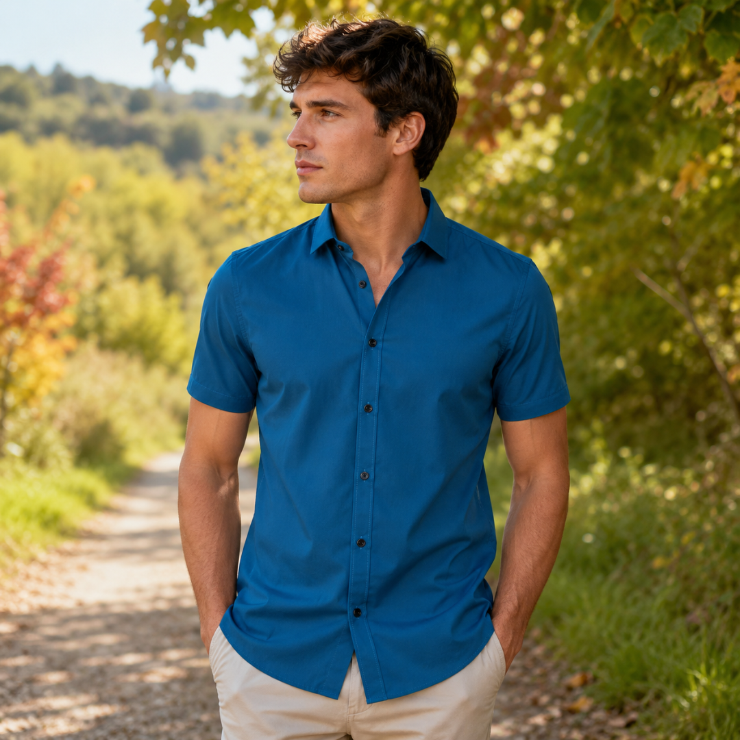 Chemise homme bleu canard à manches courtes portée sur un chemin de campagne