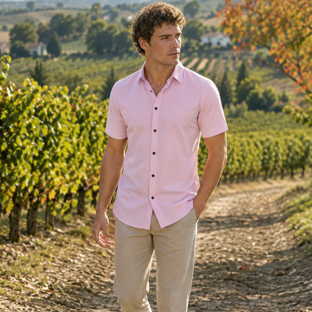 Chemise homme rose à manches courtes portée avec un pantalon beige dans les vignes
