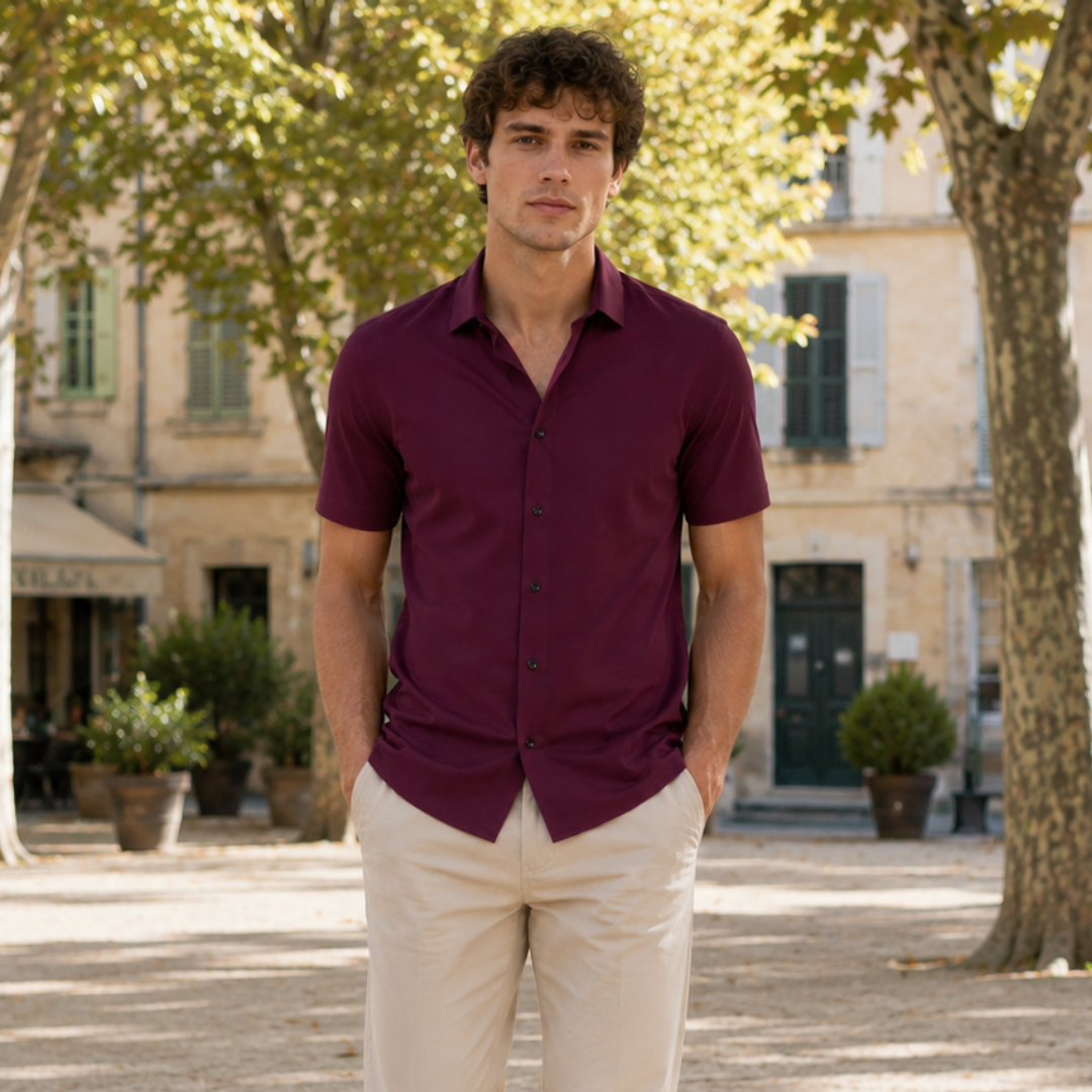 Chemise homme rouge magenta de face, col classique à pointes et manches courtes