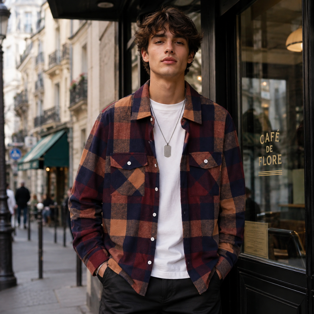 Chemise carreaux marron multicolore coupe ample avec deux poches poitrine à rabat boutonnées