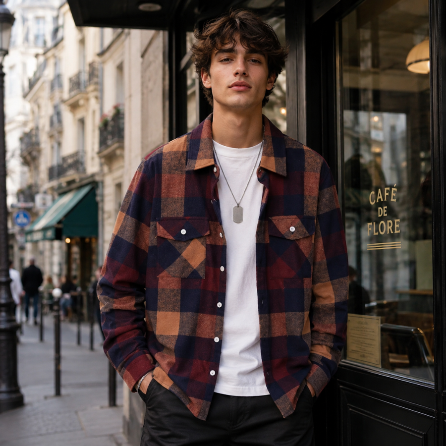 Chemise carreaux marron multicolore coupe ample avec deux poches poitrine à rabat boutonnées