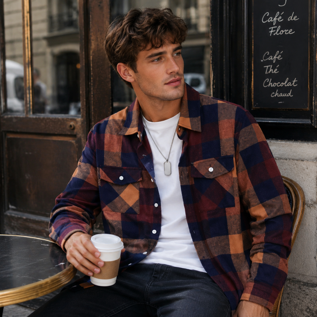 Homme assis portant une chemise à carreaux marron multicolore à col chemise ouvert