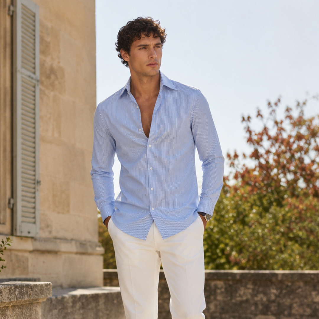 Chemise homme à fines rayures bleues, col ouvert et bas arrondi