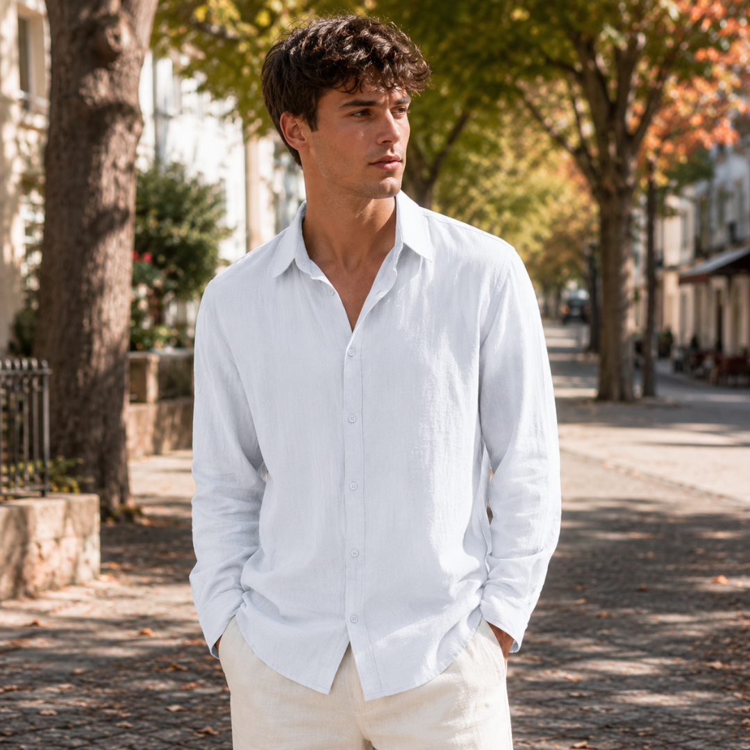 Chemise homme blanche à manches longues, col pointu et boutons ton sur ton
