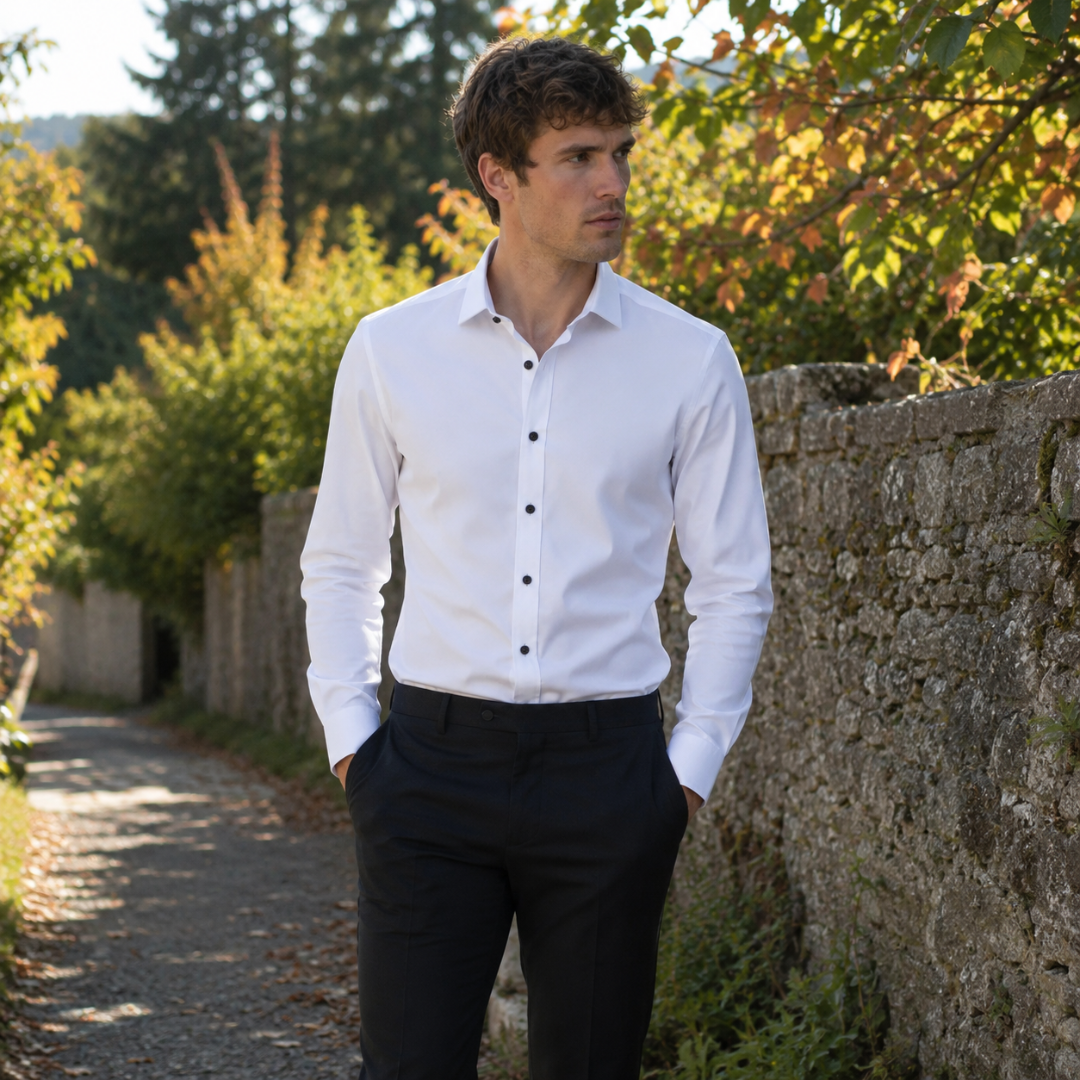 Chemise homme blanche à boutons noirs contrastants et col pointu, allure habillée