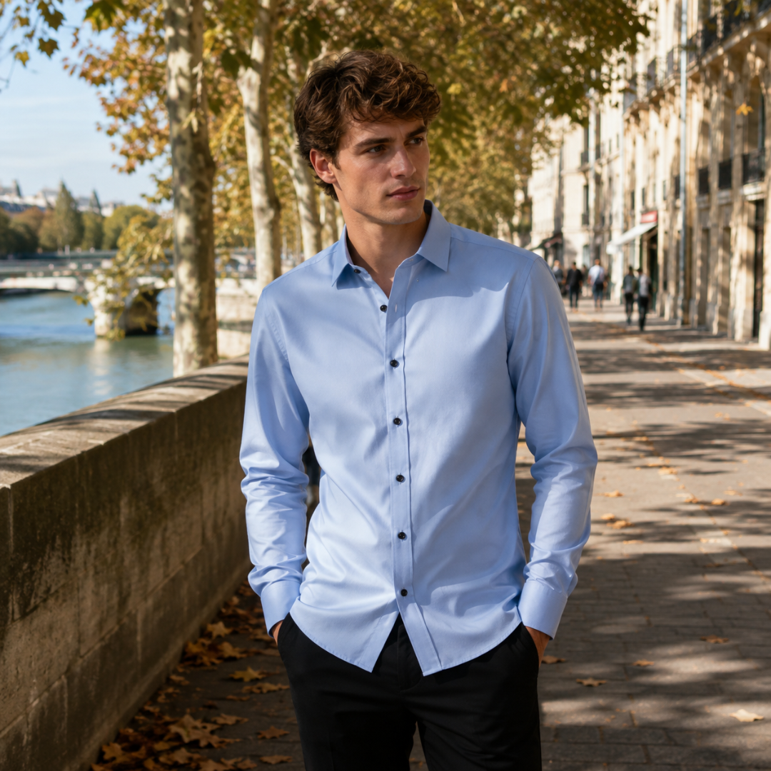 Chemise homme bleu brume à manches longues, patte de boutonnage centrale contrastante