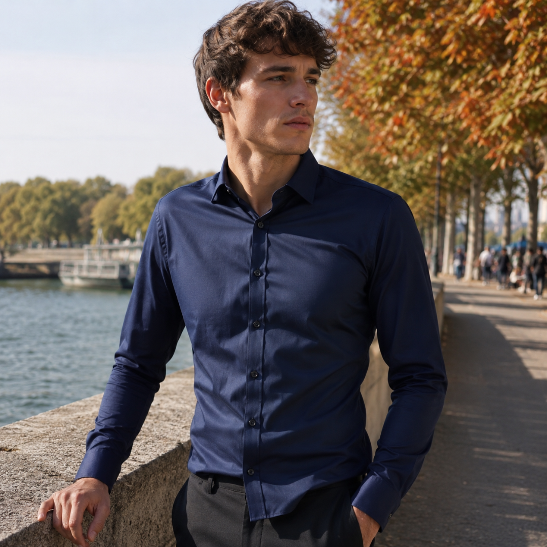 Chemise homme bleu marine unie, patte de boutonnage centrale et manches longues
