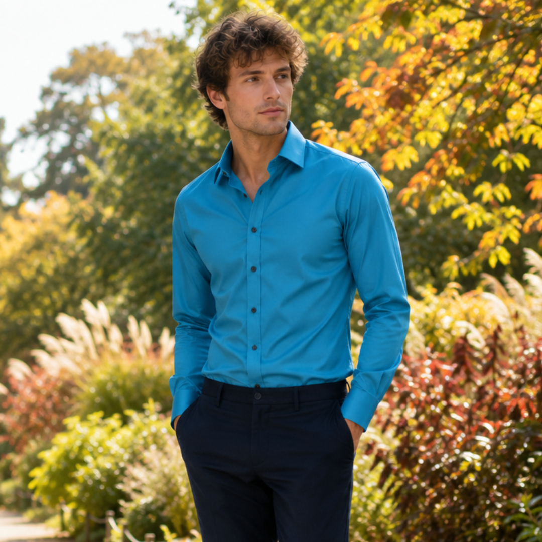 Chemise homme bleu paon à manches longues et poignets boutonnés, col ouvert
