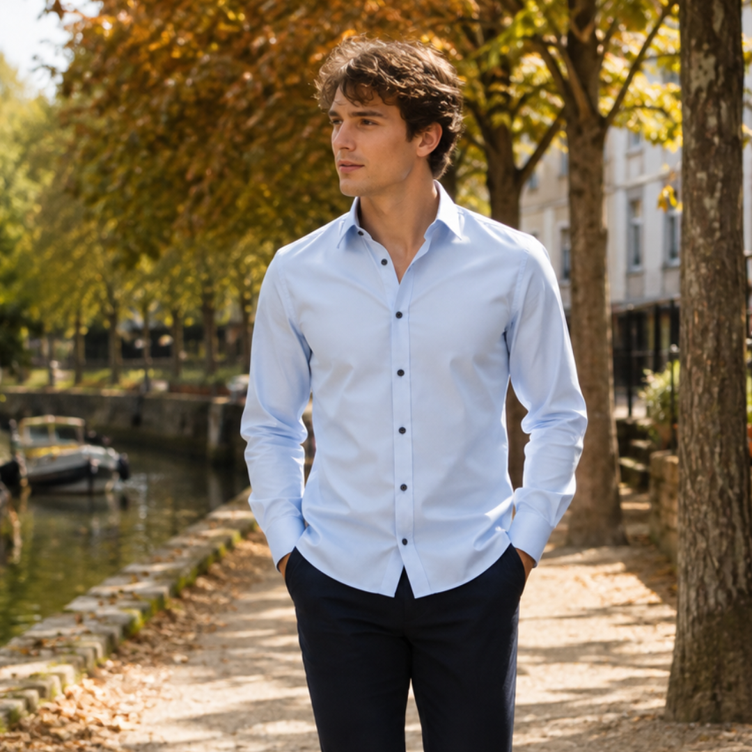 Chemise homme bleu pastel à col pointu et boutons foncés, portée sur pantalon marine