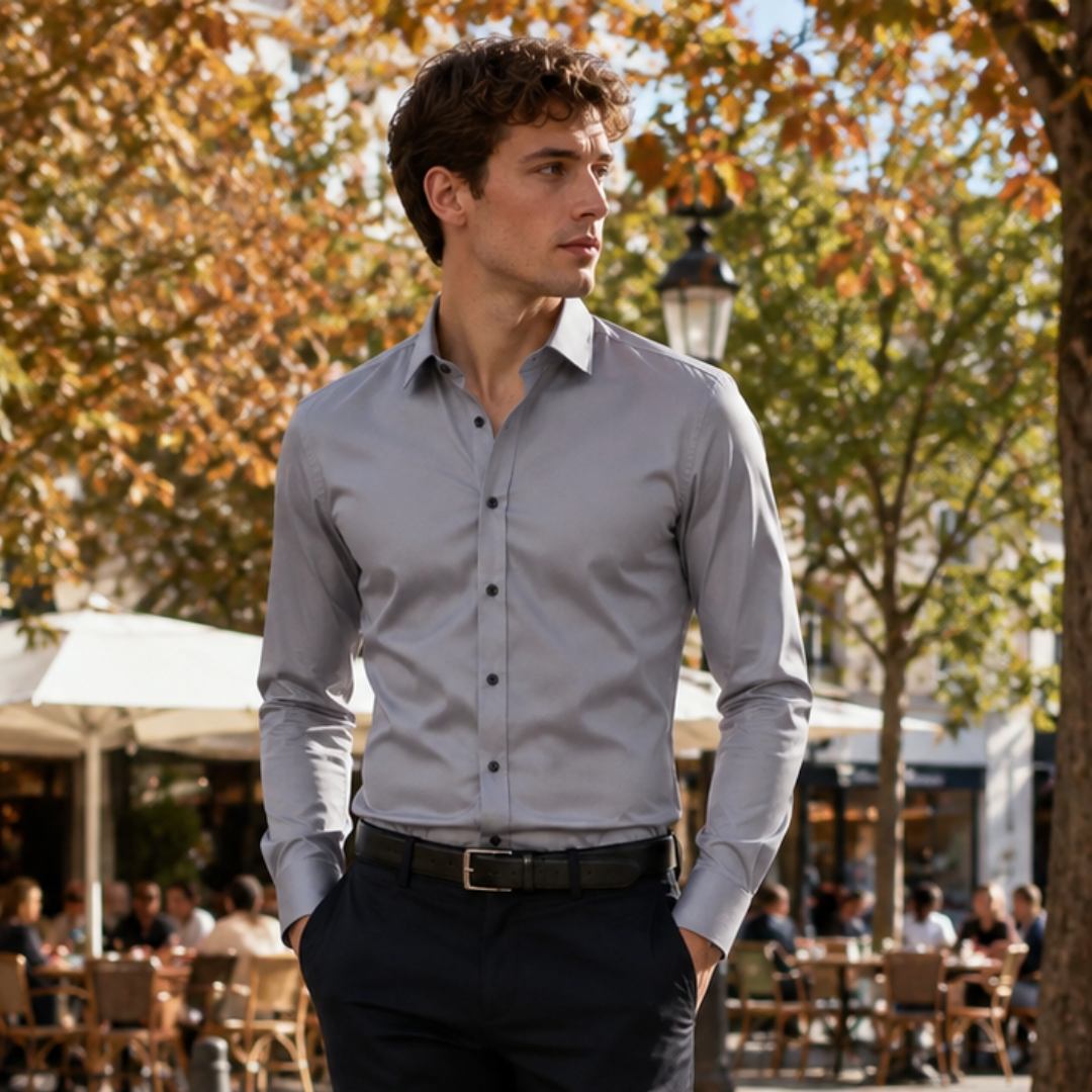 Chemise homme grise rentrée dans un pantalon foncé, boutons contrastants et col pointu