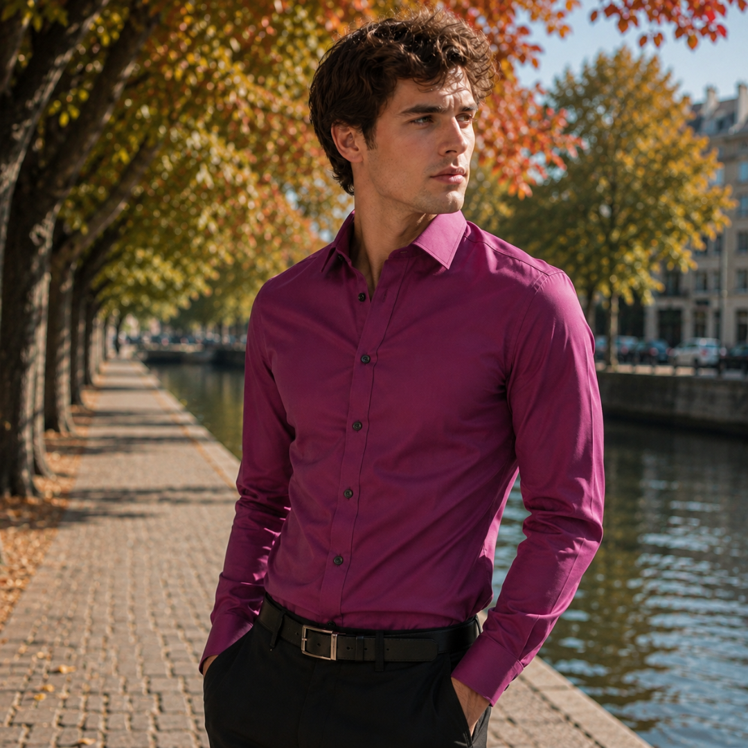 Chemise magenta homme boutonnée jusqu'au buste, col ouvert et manches longues ajustées