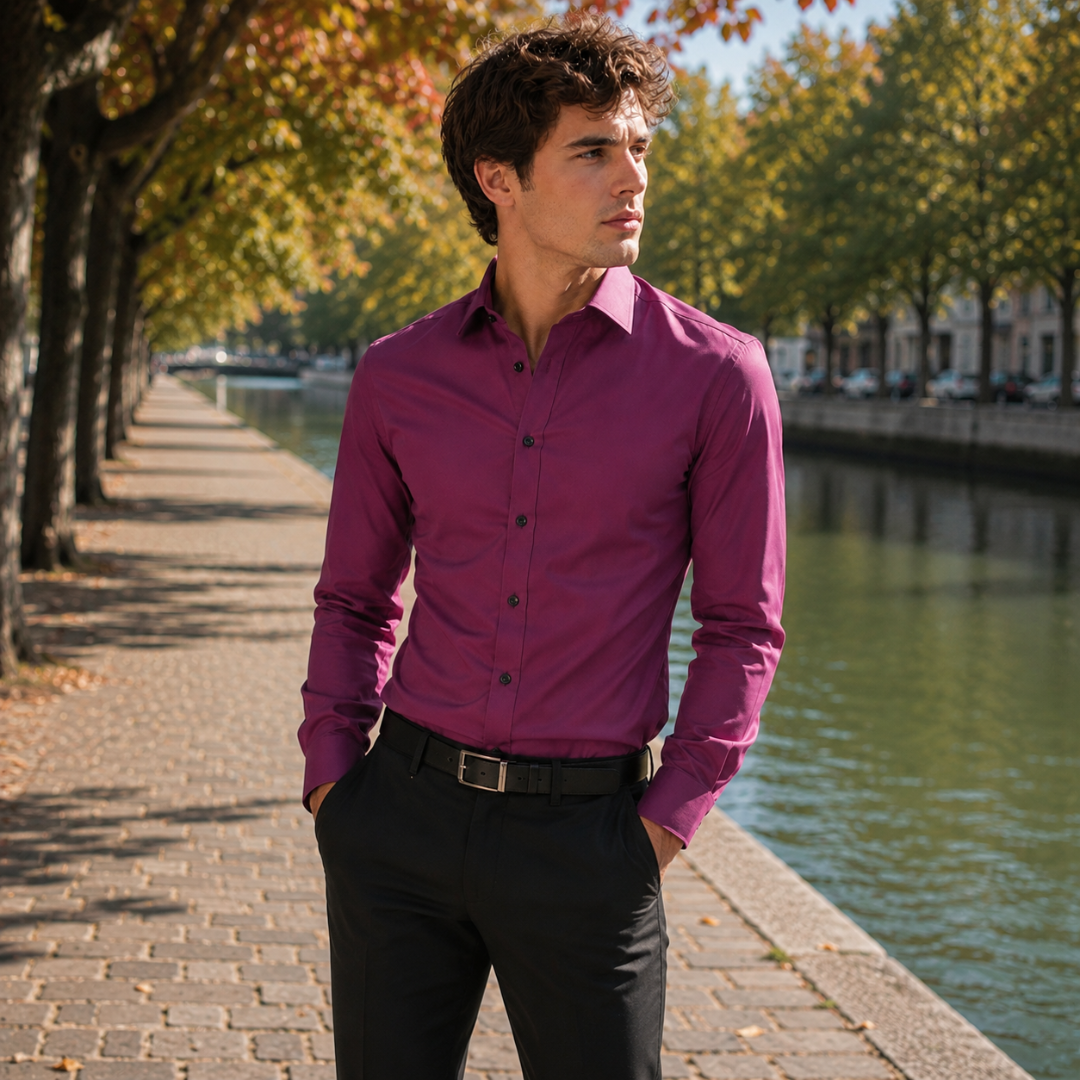 Chemise homme magenta rentrée dans un pantalon noir, col pointu et boutons foncés