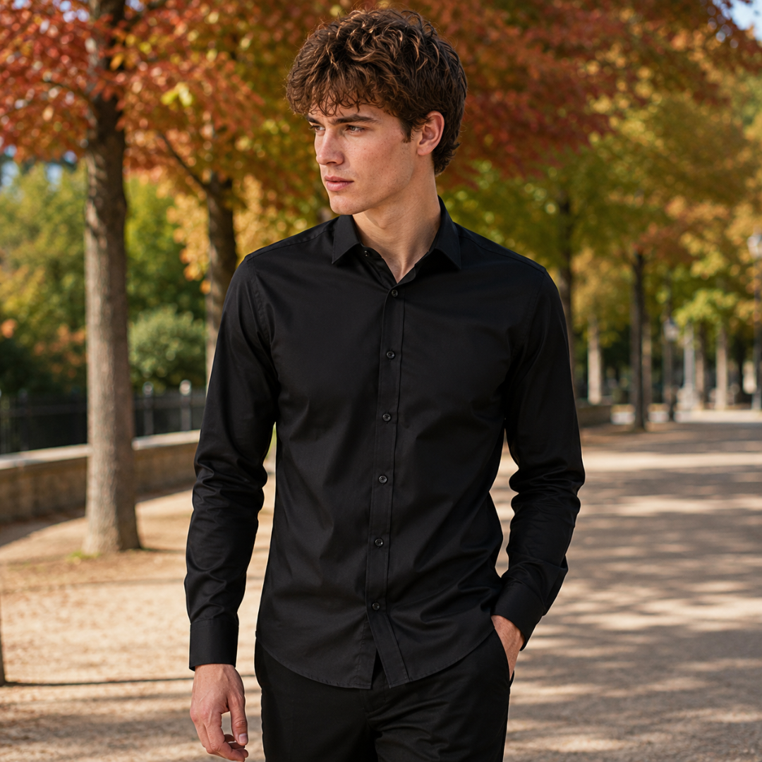 Chemise homme noire à col pointu, boutons ton sur ton et bas arrondi
