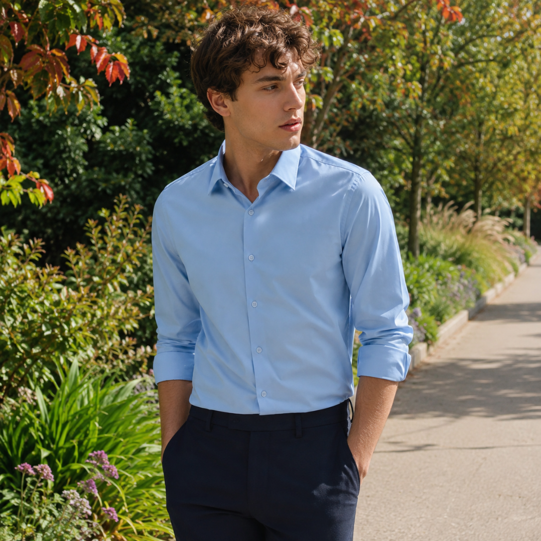 Chemise homme bleu clair à col pointu et boutons ton sur ton, manches longues