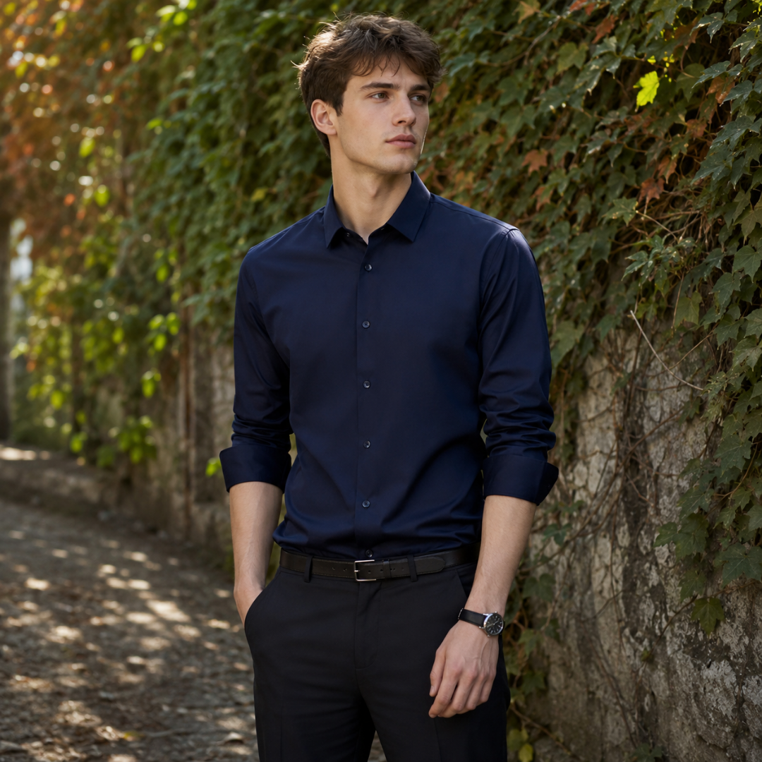 Chemise homme bleu marine boutonnée, manches retroussées, portée avec une ceinture noire