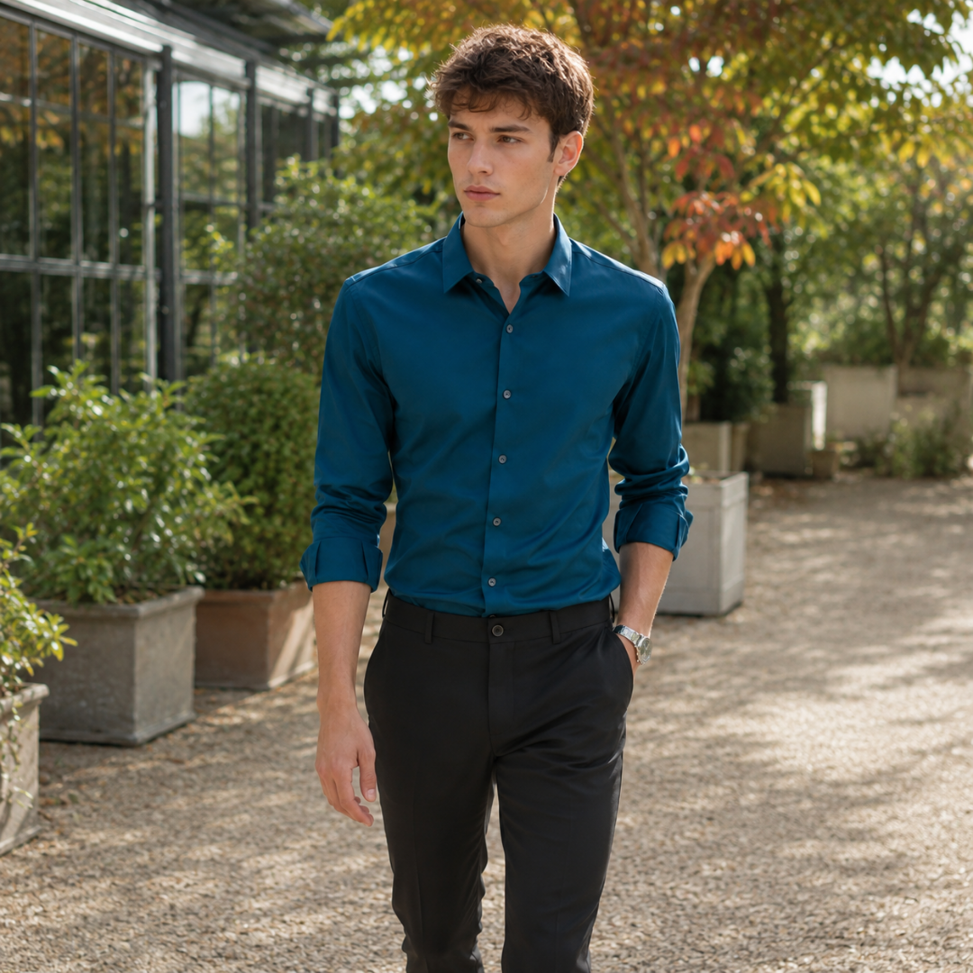 Chemise homme bleu océan boutonnée sur le devant, associée à un pantalon noir