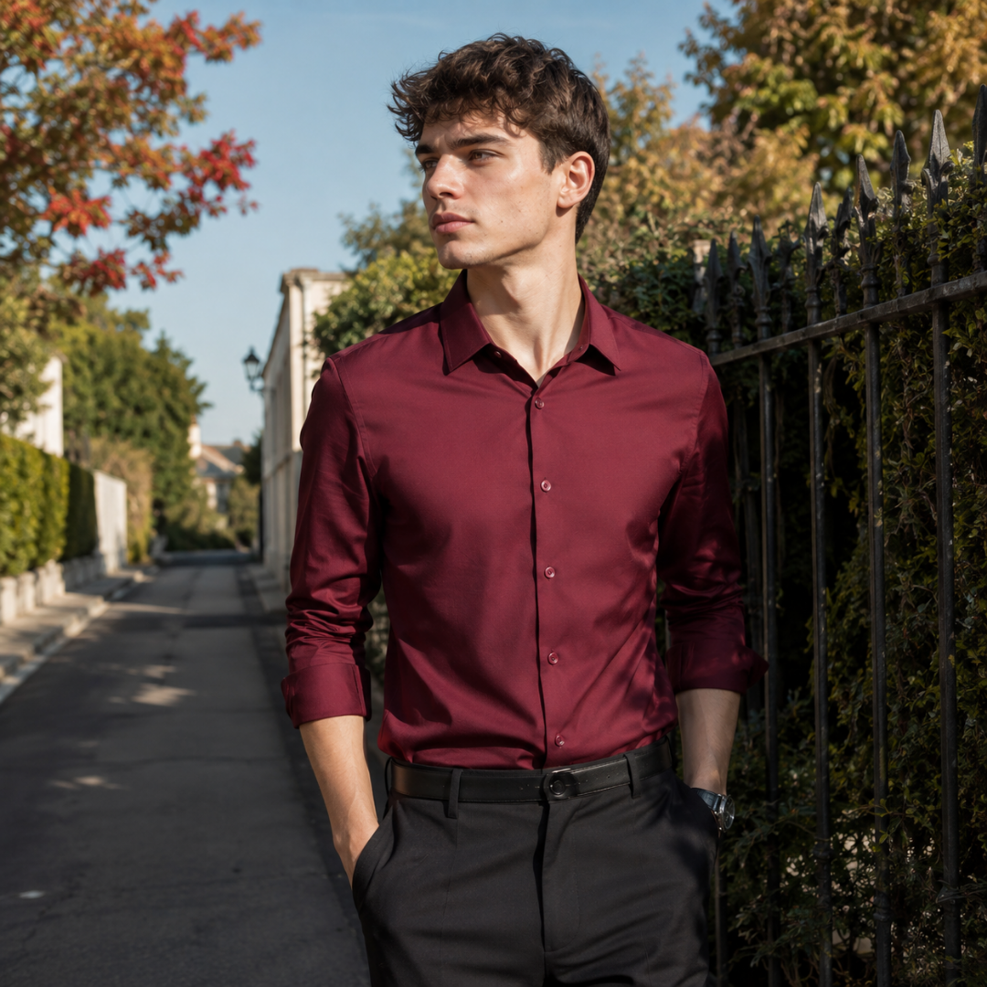 Chemise homme rouge foncé à col classique, portée avec une ceinture noire