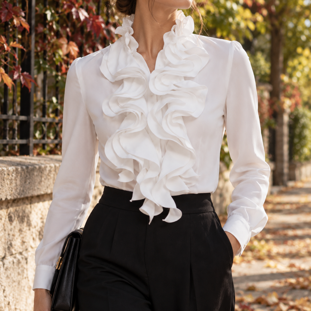 Chemisier femme blanc à volants sur le devant et poignets boutonnés