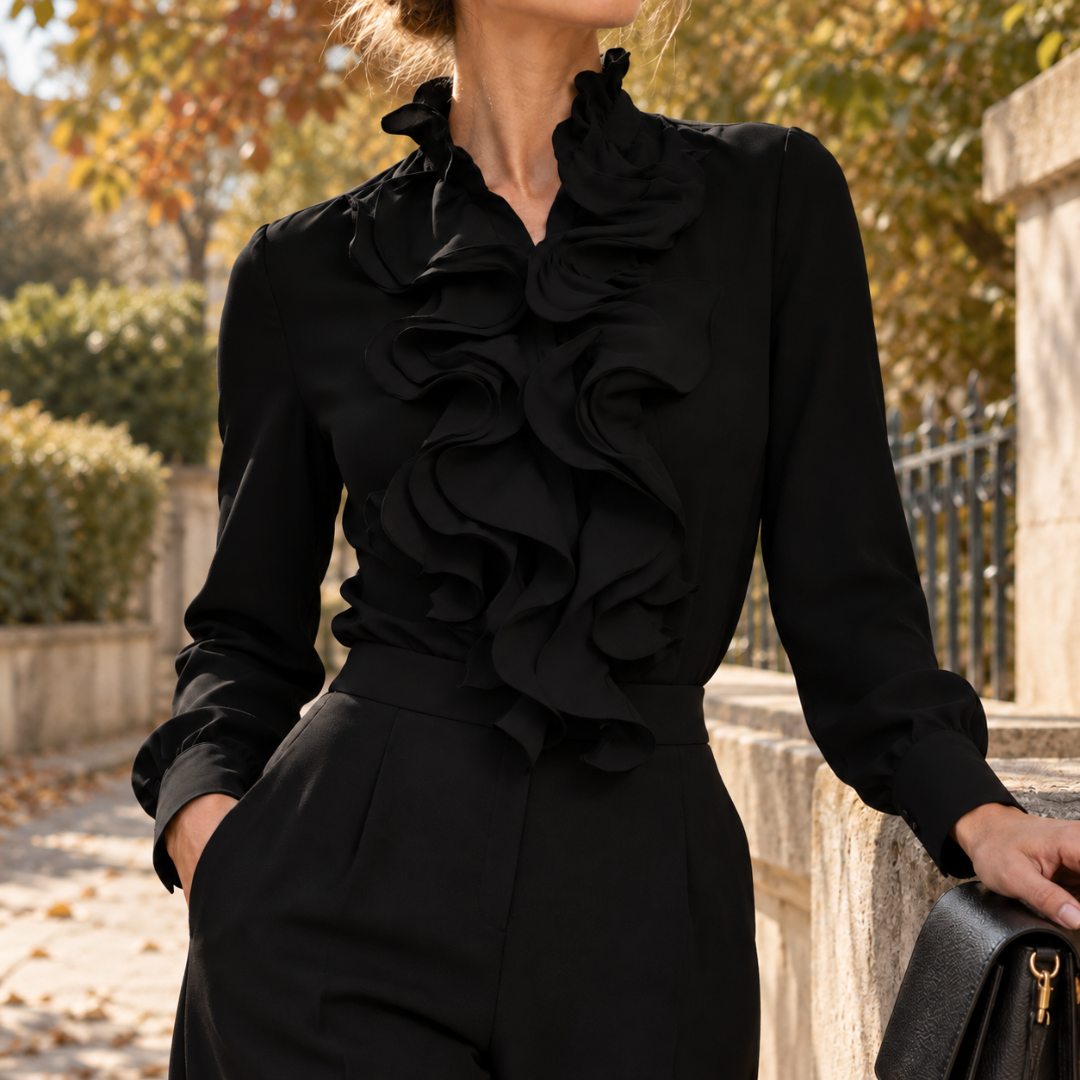 Chemisier femme noir à jabot de volants et col montant, manches longues