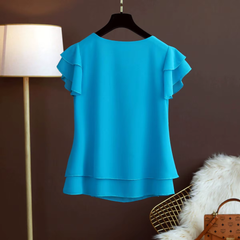 Blouse bleu femme manches courtes à double volant, col rond, vue latérale